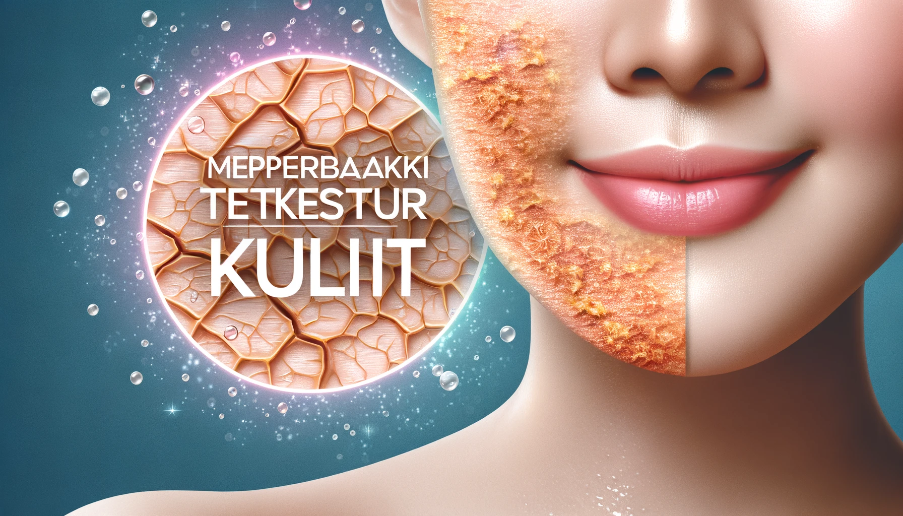 A close-up image of healthy, radiant skin texture illustrating the concept of improved skin texture, with the caption 'Memperbaiki Tekstur Kulit' in an elegant font. The image should convey a sense of freshness, vitality, and the benefits of natural skincare, in a realistic, non-cartoon style. Vivid and full-color.
